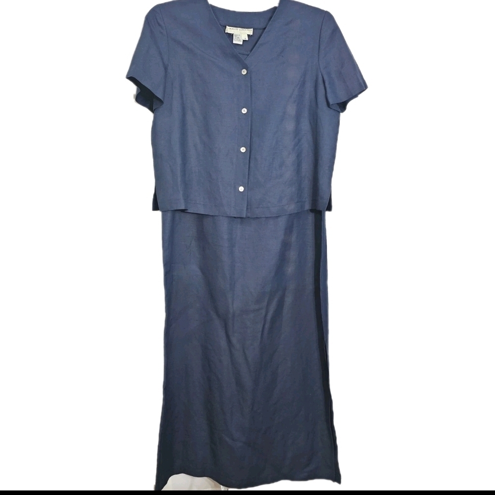 Maggy London Linen Rayon Blue 2 pc Jacket Career Work Maxi Versatile Dress  14 - Picture 3 of 16